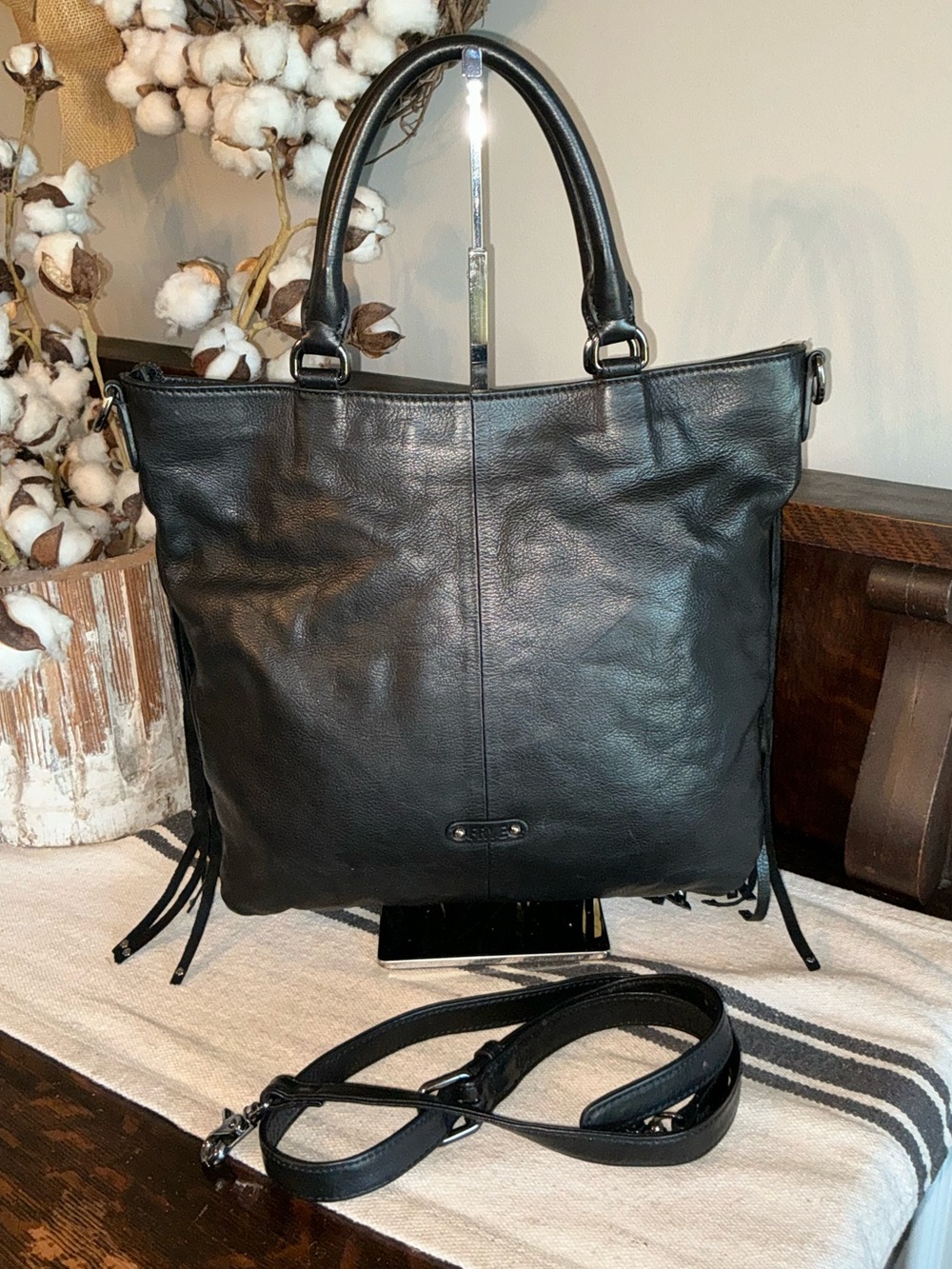 Frye Italian Leather Heidi Studded Fringe Tote Crossbody Black Retail $458 - Picture 2 of 12